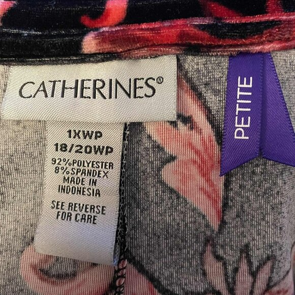 CATHERINES PETITE 1XWP VELVET FLORAL TUNIC TOP BLACK RED STRETCH 3/4 SLEEVE - Picture 8 of 10